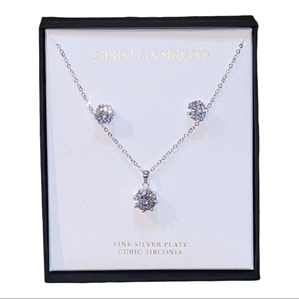 Christian Siriano Silver Solitare Necklace and Earrings Set New